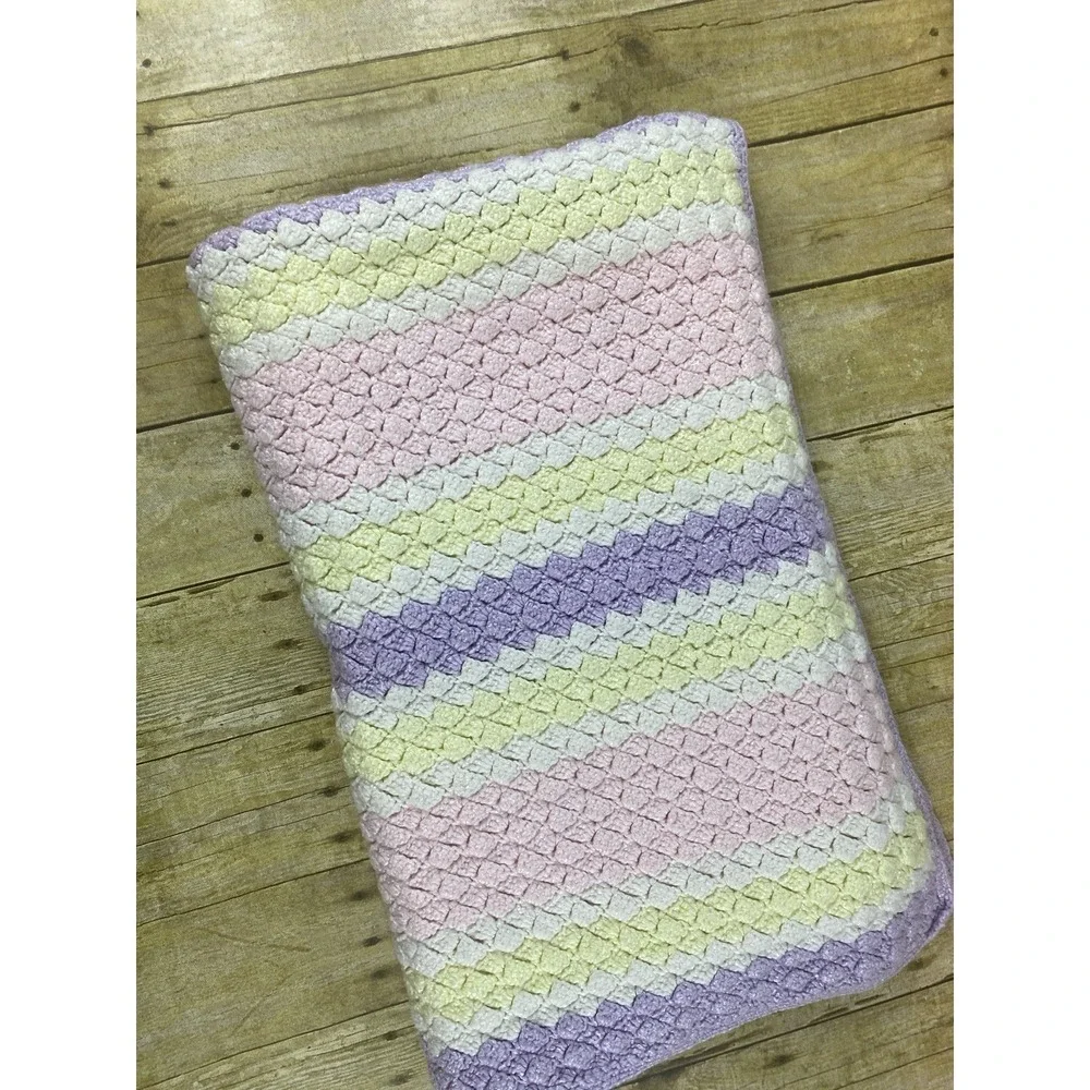 Handmade‎ Knit Pink Purple Yellow Blanket 55
